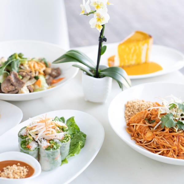 Thai spring rolls, Pad Thai, beef stir-fry, and mango cheesecake on a white table.