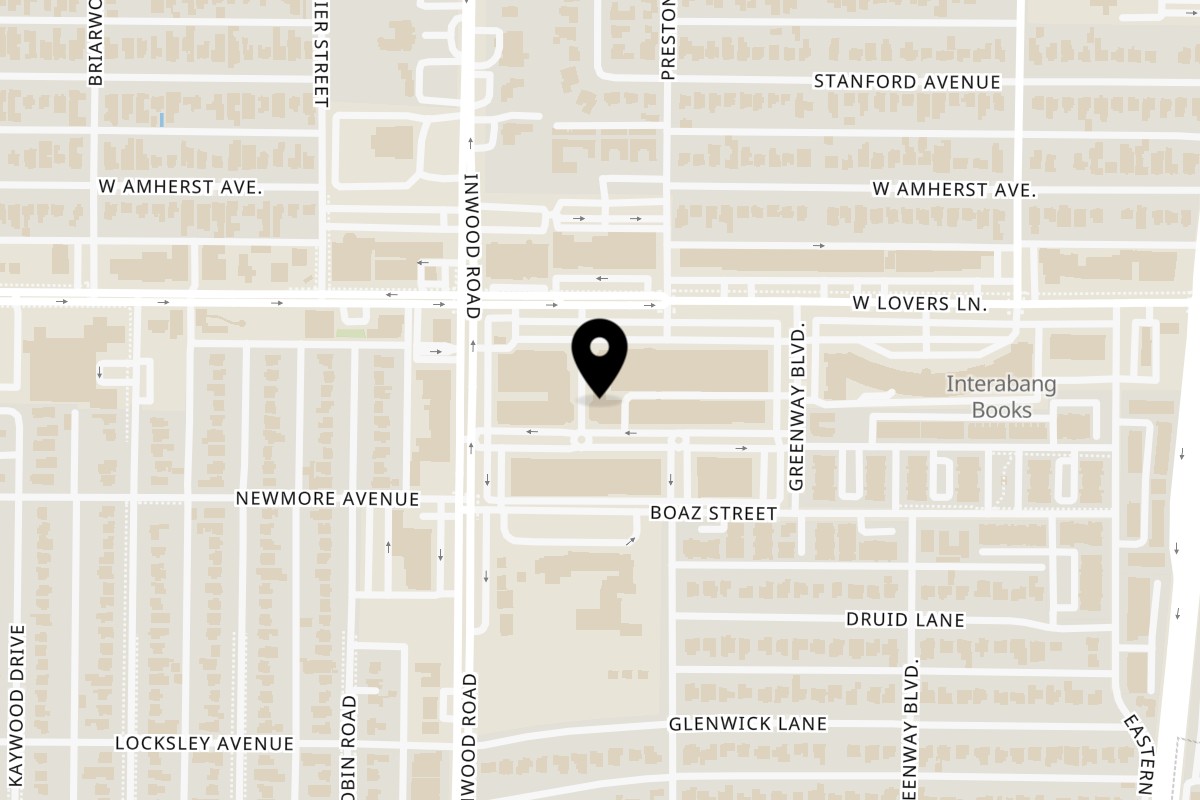 Map showing the location of Asian Mint Inwood Village on 5450 W Lovers Ln Suite 222 in Dallas