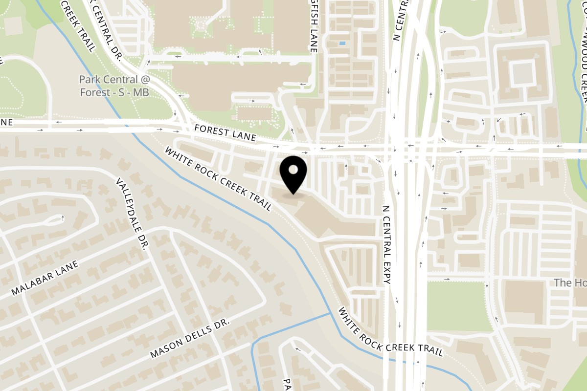 Map showing the location of Asian Mint Forest Lane on 11617 N Central Expy Suite 135 in Dallas