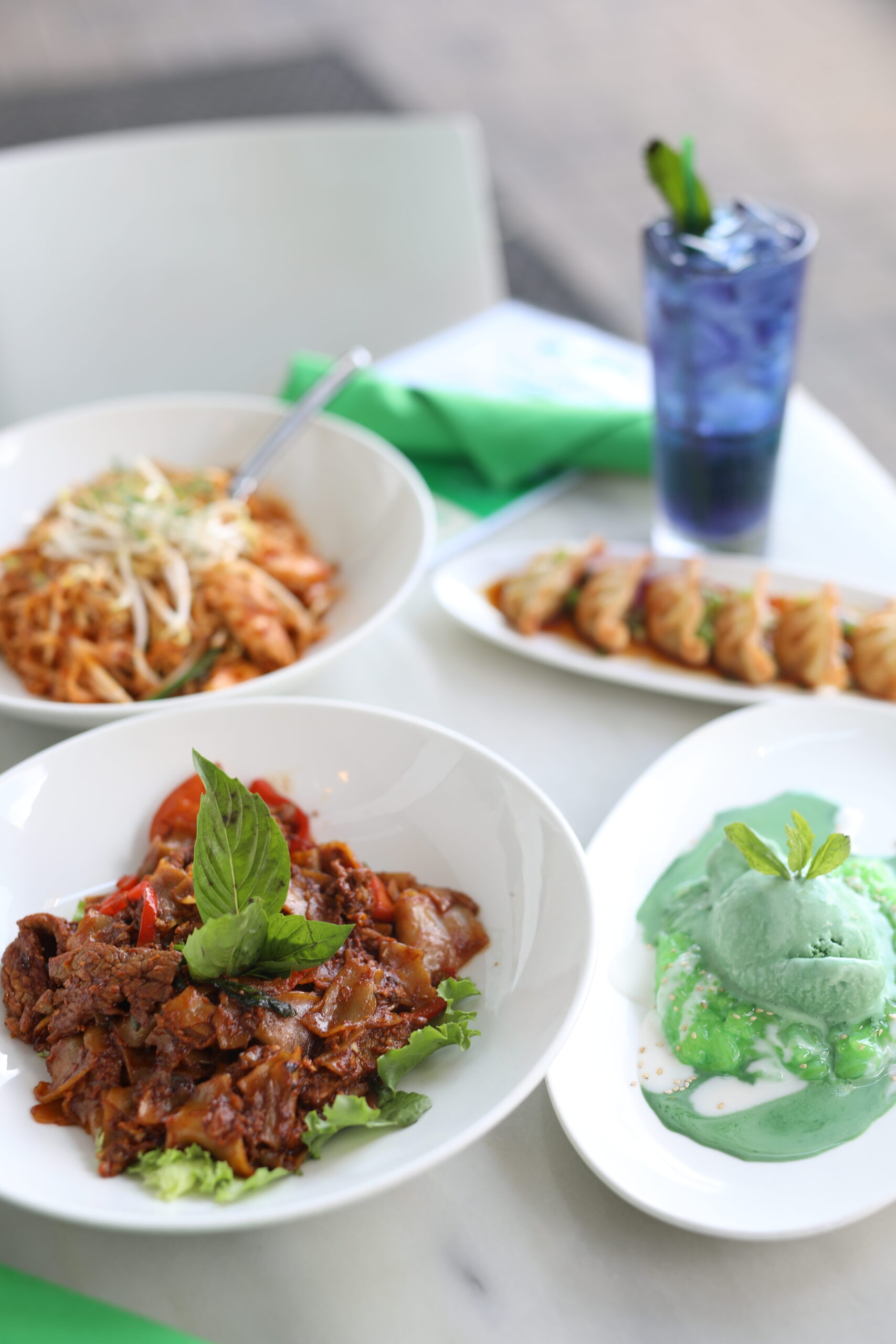 Fried Dumplings, Pad Kee Mow, Pad Thai, Green Tea Ice Cream, Butterfly Pea Limeade